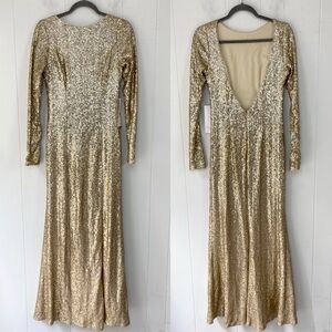 NWT Theia Women's Gold Three-Quarter Sleeve Sequin Sheath Gown Dress Size 8